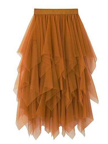 Damen-Tüllrock, elastische hohe Taille, 3D-Stickerei, Lagenrock, floraler Print,. Netzstoff, A-Linie, Midi-Swing-Rock, C-Khaki, Einheitsgröße von Springcmy