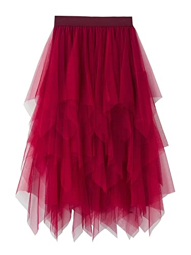 Damen-Tüllrock, elastische hohe Taille, 3D-Stickerei, Lagenrock, floraler Print,. Netzstoff, A-Linie, Midi-Swing-Rock, C-rot, Einheitsgröße von Springcmy