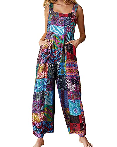 Frauen Weites Bein Boho Latzhose Jumpsuits Sommer Ärmellos Plissee One Shoulder Lose Overalls Playsuits Strampler Latzhose, A-Blau, 54 von Springcmy