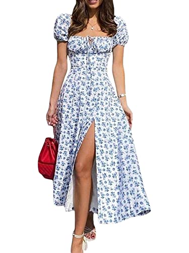 Frauen Y2k Square Neck Low Cut Ärmellos Bustier Lange Maxi Rüschen Kleid Cottagecore Spaghettiträger Sommerkleid Strandkleid, H-blau, Small von Springcmy