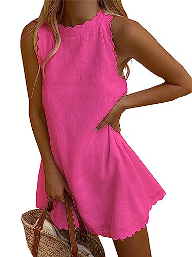 Frauen ärmelloses Tankkleid Leinen Solide Halfter Jakobsmuschel Casual Minikleid Rücken Reißverschluss Sommer Strand Kleid Sommerkleid, A-Rose Red, L von Springcmy