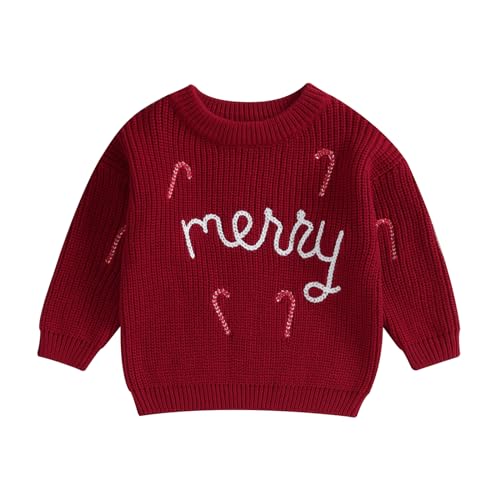 Springcmy Baby Jungen Mädchen Weihnachten Übergroßer Strickpullover Chunky Letter Stickerei Langarm Pullover Warm Herbst Winter Xmas Tops Strickwaren, Merry Red, 80 von Springcmy