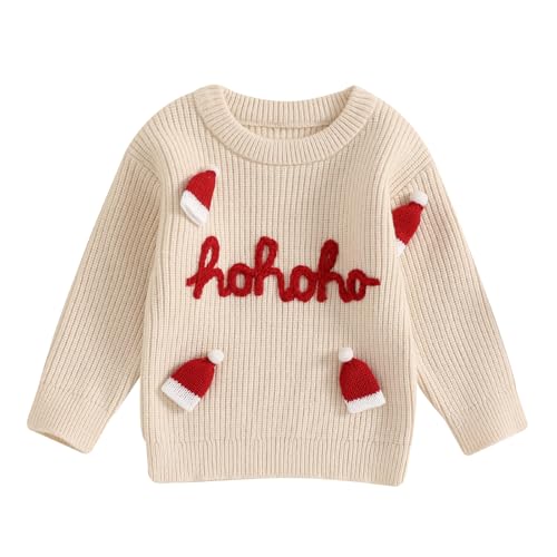 Springcmy Baby Jungen Mädchen Weihnachten Übergroßer Strickpullover Chunky Letter Stickerei Langarm Pullover Warm Herbst Winter Xmas Tops Strickwaren, Nikolausmütze, Khaki, 0-6 Monate von Springcmy