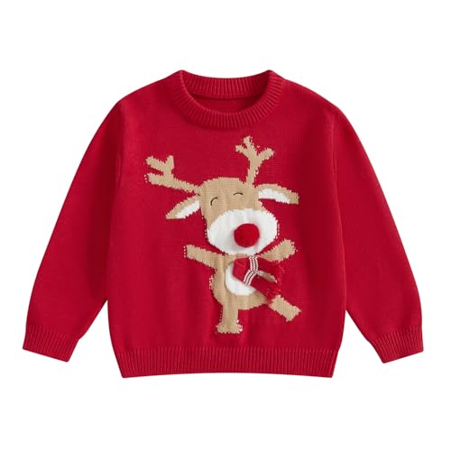 Springcmy Baby Jungen Mädchen Weihnachten Übergroßer Strickpullover Chunky Letter Stickerei Langarm Pullover Warm Herbst Winter Xmas Tops Strickwaren, Rotes Rentier 1, 86 von Springcmy