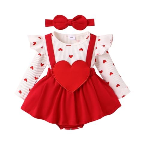 Springcmy Baby Mädchen Valentinstag Rüschen Strampler Kleid Langarm Rüschen Herz Brief Druck Jumpsuit Overall mit Stirnband, A White, 12-18 Months von Springcmy