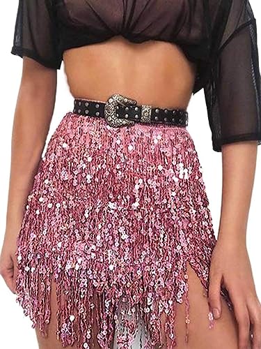 Springcmy Damen Boho Rave Rock Fransen Rock Glitzer Pailletten Quaste Rock Bauchtanz Hüftschal Rave Party Festival Outfit, A-Pink, Einheitsgröße von Springcmy