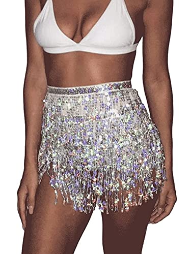 Springcmy Damen Boho Rave Rock Fransen Rock Glitzer Pailletten Quaste Rock Bauchtanz Hüftschal Rave Party Festival Outfit, A-Silber, Einheitsgröße von Springcmy