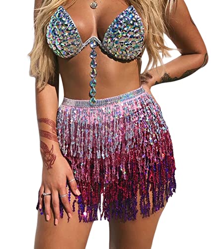 Springcmy Damen Boho Rave Rock Fransen Rock Glitzer Pailletten Quaste Rock Bauchtanz Hüftschal Rave Party Festival Outfit, A-Silber, Pink, Einheitsgröße von Springcmy