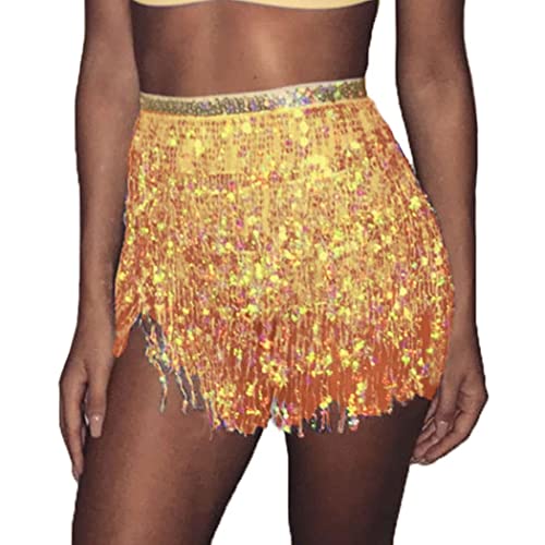 Springcmy Damenrock, Boho-Rave-Rock, Fransenrock, Glitzer-Pailletten, Quastenrock, Bauchtanz, Hüftschal, Rave, Party, Festival, Outfit, A-gelb, Einheitsgröße von Springcmy