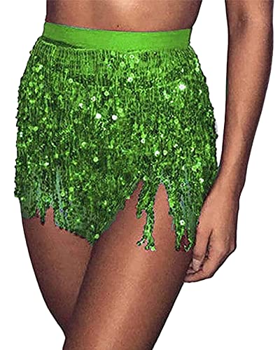 Springcmy Damen Boho Rave Rock Fransen Rock Glitzer Pailletten Quaste Rock Bauchtanz Hüftschal Rave Party Festival Outfit, A-grün, Einheitsgröße von Springcmy