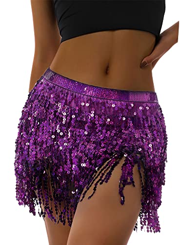 Springcmy Damen Boho Rave Rock Fransen Rock Glitzer Pailletten Quaste Rock Bauchtanz Hüftschal Rave Party Festival Outfit, A-purple, Einheitsgröße von Springcmy