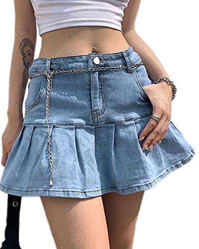 Springcmy Damen Casual Stretch Denim Minirock Slim A-Linie Falten Rüschen Kurze Jeansröcke Tasche, Hellblau, 44 von Springcmy