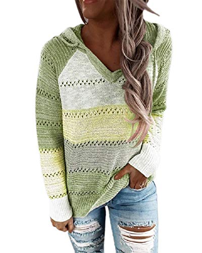 Springcmy Lässiger Damen-Pullover, V-Ausschnitt, gestreift, Farbblock-Kapuzenpullover, Strickpullover, Sweatshirt, grün, L von Springcmy