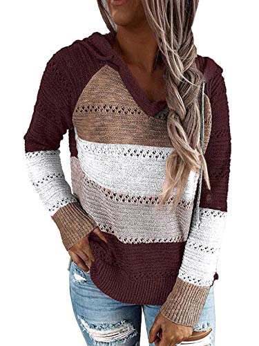 Springcmy Damen Casual Sweater V-Ausschnitt Streifen Farbblock Hoodies Strickpullover Hollow Out Sweatshirt Gr. 42, rot von Springcmy