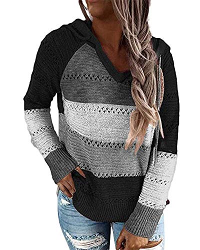 Springcmy Damen Casual Sweater V-Ausschnitt Streifen Farbblock Hoodies Strickpullover Hollow Out Sweatshirt Gr. 46, Schwarz Springcmy Damen Casual Sweater V-Ausschnitt Streifen Farbblock Hoodies Strickpullover Hollow Out Sweatshirt Gr. 46, Schwarz von Springcmy