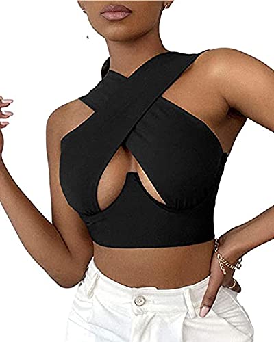 Springcmy Damen Crisscross Neckholder Tank Tops Gerüschtes Crop Ärmellos Front Wrap Backless Cami Crop Top Y2K Bustier Korsett (A-Black, Small) von Springcmy