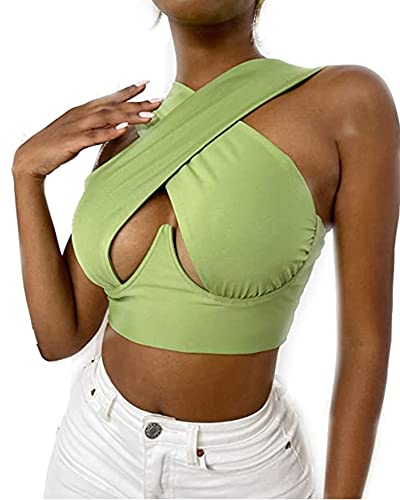 Springcmy Damen Crisscross Neckholder Tank Tops Gerüschtes Crop Ärmellos Front Wrap Backless Cami Crop Top Y2K Bustier Korsett (A-Light Green, Large) von Springcmy