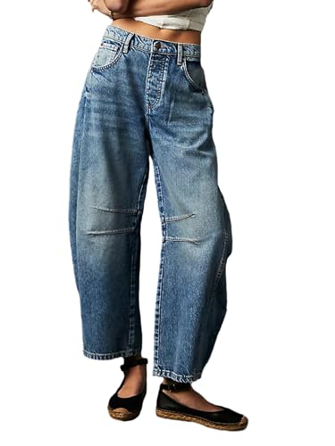 Springcmy Damen-Jeans mit mittelhoher Taille, weites Bein, mittelhohe Taille, kurze Denim-Hose, Y2k, Baggy-Boyfriend-Jeans mit Taschen, Streetwear, Dunkelblau, XL von Springcmy