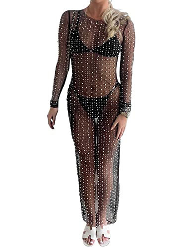 Springcmy Damen-Kleid, durchsichtig, Netzstoff, durchsichtig, Perlen, Strass, glitzernd, Strandkleid, Umstandskleid, Bademode, Bikini, Badeanzug, Clubwear, A-schwarz, S von Springcmy
