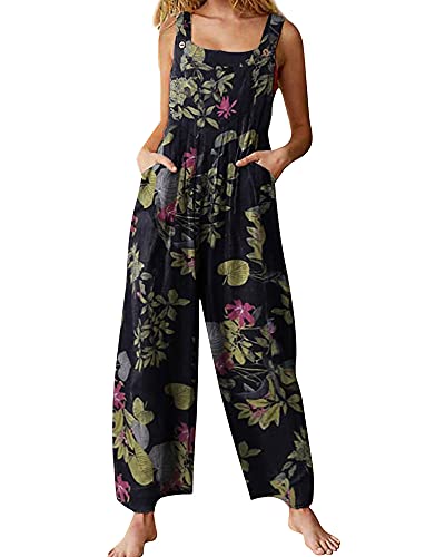 Springcmy Damen Lose Overall Latzhose Blumen Jumpsuit Ärmellos Casual Baggy Playsuit Sommer Weites Bein Lange Hosen Strampler, C-Marineblau, L von Springcmy