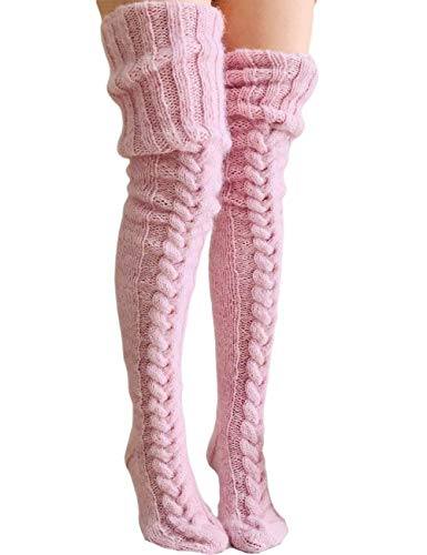 Springcmy Overknee-Socken für Damen und Mädchen, Zopfmuster, Oberschenkelhoch, lange Stiefel, Strümpfe, Beinwärmer, A-Pink, Einheitsgröße von Springcmy