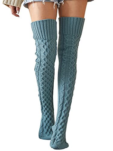 Springcmy Damen Mädchen Winter Zopfmuster Overknee Socken Oberschenkel Hoch Lange Stiefel Socken Strumpf Beinwärmer, P-blau, One size von Springcmy