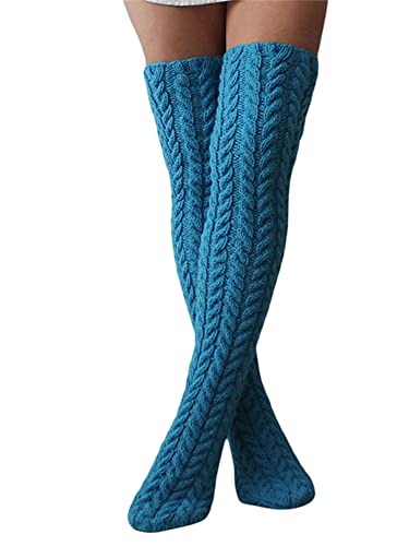 Springcmy Damen Mädchen Winter Zopfmuster Overknee Socken Oberschenkel Hoch Lange Stiefel Socken Strumpf Beinwärmer, Q-hellblau, One size von Springcmy