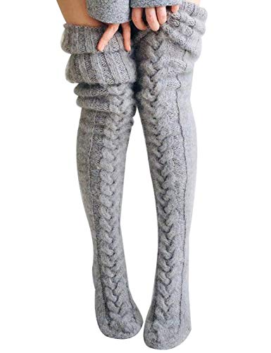 Springcmy Overknee-Socken für Damen und Mädchen, Zopfmuster, Oberschenkelhoch, lange Stiefel, Strümpfe, Beinwärmer, A-Grau, Einheitsgröße von Springcmy