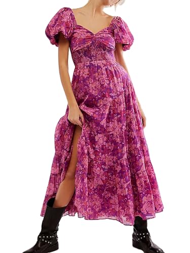 Springcmy Damen-Maxikleid im Boho-Stil, Blumenmuster, gesmokt, lang, Puffärmel, tiefer Schnitt, gestuft, fließender Herzausschnitt, A-Linie, Strandkleid, Sommerkleid, A-purple, L Springcmy Damen-Maxikleid im Boho-Stil, Blumenmuster, gesmokt, lang, Puffärmel, tiefer Schnitt, gestuft, fließender Herzausschnitt, A-Linie, Strandkleid, Sommerkleid, A-purple, L von Springcmy