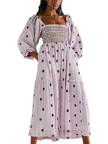 Springcmy Damen-Maxikleid mit Blumenstickerei, Laternenärmel, quadratischer Ausschnitt, rauchfarben, fließendes Strandkleid, Sommerkleid, A-purple, S von Springcmy
