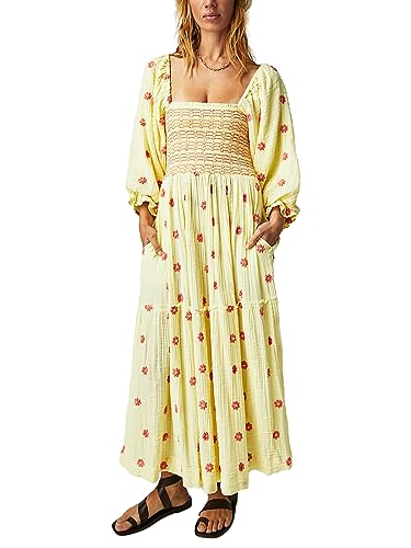 Springcmy Damen-Maxikleid mit Blumenstickerei, lange Puffärmel, quadratischer Ausschnitt, gesmokt, gestuft, gerafft, böhmisch, fließendes Kleid, Strandkleid, langes Kleid, A-gelb, Medium von Springcmy