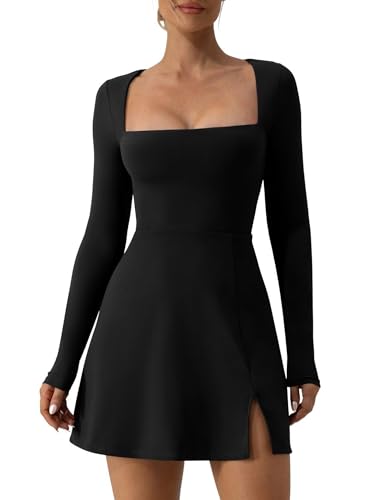 Springcmy Damen Miederkleid mit quadratischem Ausschnitt, lange Ärmel, Seitenschlitz, ausgestellter Saum, Mini-Kleid, figurbetontes Club-Kleid, A-schwarz, Medium von Springcmy