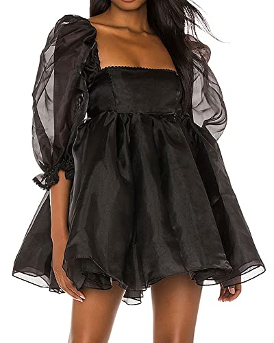 Springcmy Damen Puff Off Shoulder Ärmel Tüll Quadratischer Kragen Kleid Sommer Rüschen Flowy Mesh Party Minikleid, Schwarz , Medium von Springcmy