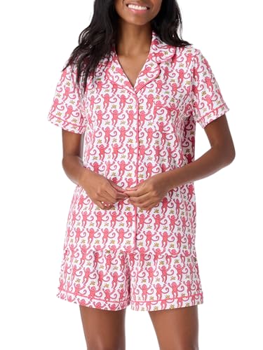Springcmy Damen-Pyjama-Set mit Affen-Grafik, kurzärmeliges Oberteil und elastische Shorts, 2-teilig, Loungewear, Schlafanzug, Nachtwäsche, Nachtwäsche, A-Pink, 36 von Springcmy