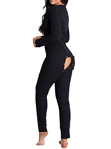 Springcmy Damen Sexy Po Knopf hinten Klappe Jumpsuit V Ausschnitt Langarm Strampler Bodycon Pyjama Leotard Gr. X-Large, A-schwarz von Springcmy