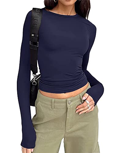 Springcmy Damen Slim Fit Basic Crop Tops Einfarbig Langarm Rundhals Cropped Tops Y2K Pullover Shirt Streetwear, A1-Dunkelblau, Small von Springcmy