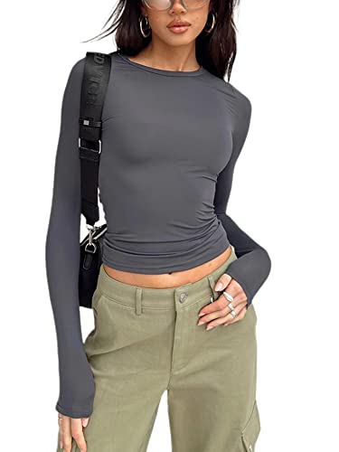 Springcmy Damen Slim Fit Basic Crop Tops Einfarbig Langarm Rundhals Cropped Tops Y2K Pullover Shirt Streetwear, A1-grau, Small von Springcmy