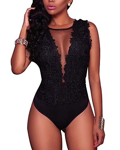 Springcmy Damen Spitzen-Netz-Body, tiefer V-Ausschnitt, Druckknopf, im Schritt, Clubwear, Oberteil, durchscheinendes Jumpsuit, Outfit Gr. L, Schwarz von Springcmy