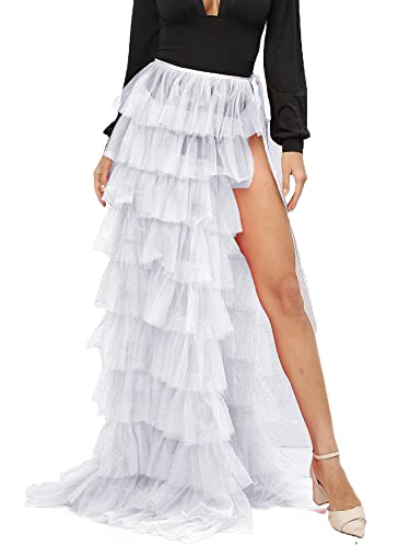 Springcmy Damen Tüll Tutu Langer Rock Mehrlagig Rüschen Elastisch Schlitz Mesh Asymmetrisch Overlay Lang Braut Cocktail Party Rock, A-weiß, Einheitsgröße von Springcmy