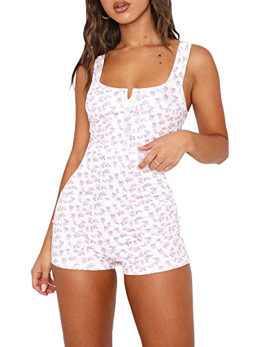 Springcmy Damen Y2K Kurzarm Bodysuit Sommer Blumendruck Knopf V-Ausschnitt Shorts Strampler Jumpsuit Clubwear Overral Streetwear, K-pink, 42 von Springcmy