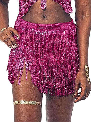 Springcmy Frauen Boho Rave Rock Fransen Rock Glitzer Pailletten Quaste Rock Bauchtanz Hüfte Schal Rave Party Festival Outfit, A-Rose Red, Einheitsgröße von Springcmy