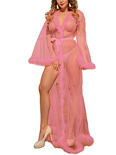 Springcmy Frauen Feder Brautmantel Spitze Mesh V-Ausschnitt Transparent Kimono Robe Lange Dessous Nachthemd, rose, X-Large von Springcmy