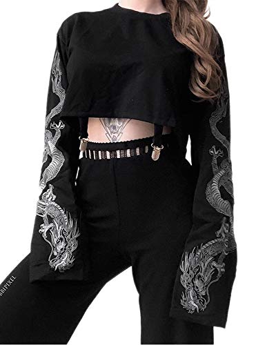 Springcmy Frauen Langarm Crop Tops Chinesische Drachen Print O-Neck Punk T-Shirt Mädchen Mode Casual Hip Hop Pullover Gr. M, A Schwarz von Springcmy