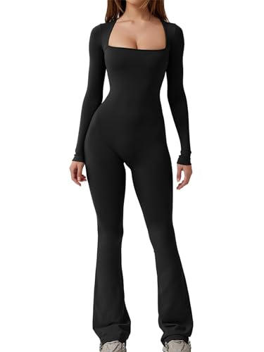 Springcmy Frauen Langarm Low Cut Square Neck Jumpsuits Wide Leg Full Length Bodycon Romper Playsuit Yoga Workout Overall, A-schwarz, 36 von Springcmy