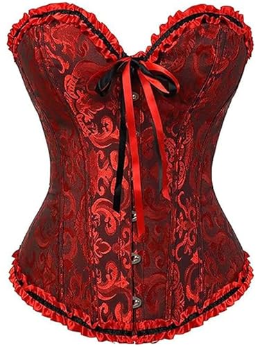 Springcmy Frauen Plus Size Korsett Tops Knochen Überbrust Bustier Shapewear Dessous Floral Lace Up Rüschen Trim Taille Push Up Bodysuit, A-schwarz rot, 36 von Springcmy