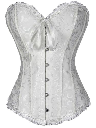 Springcmy Frauen Plus Size Korsett Tops Knochen Überbrust Bustier Shapewear Dessous Floral Lace Up Rüschen Trim Taille Push Up Bodysuit, A-weiß, 38 von Springcmy