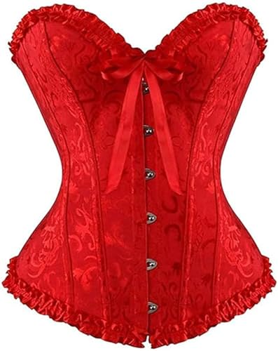 Springcmy Frauen Plus Size Korsett Tops Knochen Überbrust Bustier Shapewear Dessous Floral Lace Up Rüschen Trim Taille Push Up Bodysuit, rot (a), 36 von Springcmy