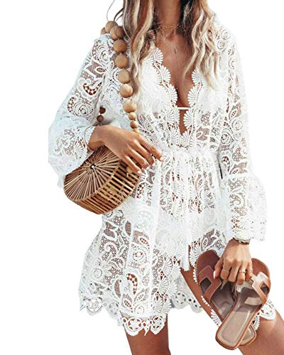 Springcmy Frauen Sexy Lace Hollow Crochet Bikini Cover-ups Floral Mini Beach Dress Beachwear Badeanzug (White, Large) von Springcmy