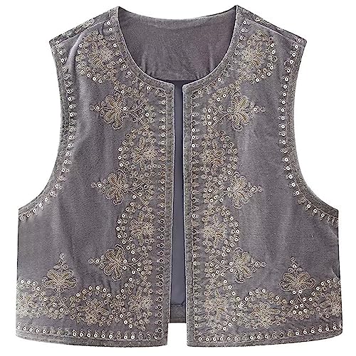 Springcmy Frauen bestickte Weste Top Y2k Vintage Open Front Floral Boho Cropped Weste Cardigan Oberbekleidung Gilet Streetwear, B-grau, L von Springcmy