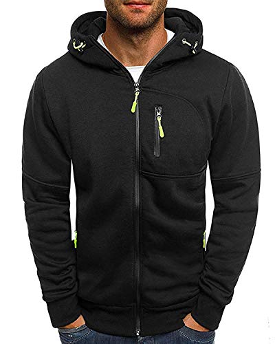 Springcmy Herren Casual Hoodie Reißverschluss Sweatshirt Pullover Jacke Workout Bodybuilding Fleece Cardigan Reißverschlusstaschen (Black, XX-Large) von Springcmy